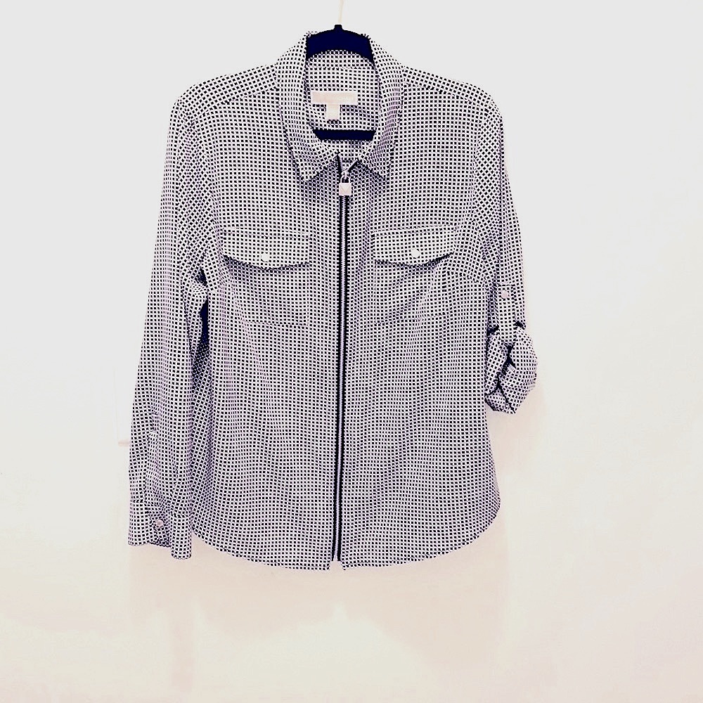 Michael Kors XL classy gray 100% polyester full zip up blouse.